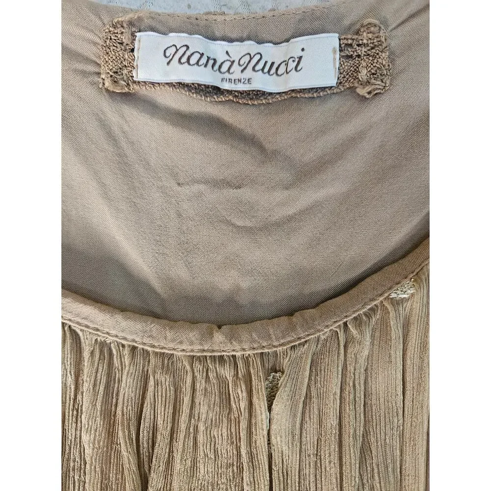 Nana Nucci Tan Tank Midi Dress Sz S Crinkled Fabric Gold Metallic Dashes Silk - Picture 9 of 10